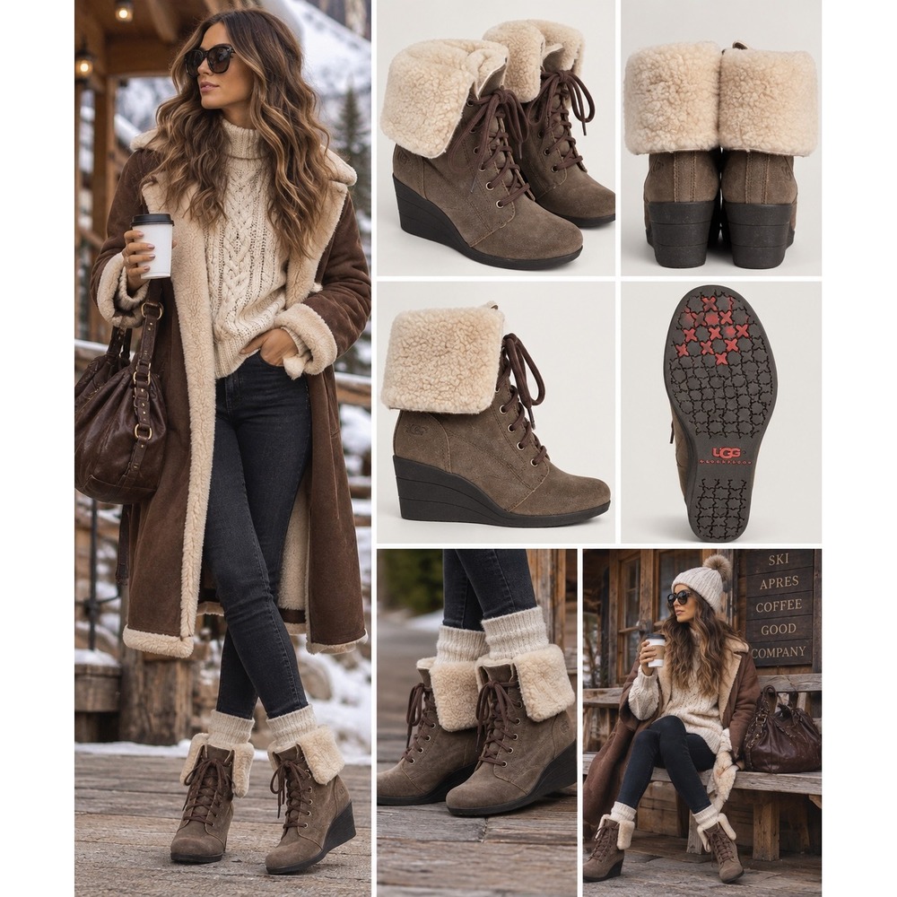 UGG Zea Boots Womens 7 Brown Suede Shearling Wedge Waterproof 2010s Boho